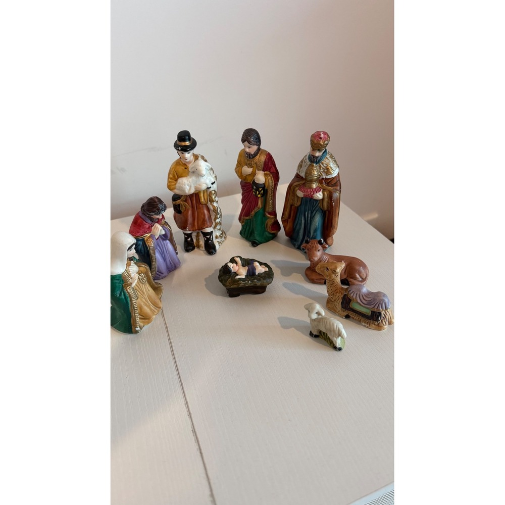 Vintage Ceramic Nativity Scene Set 9 Piece Hand Painted Christmas Figurines